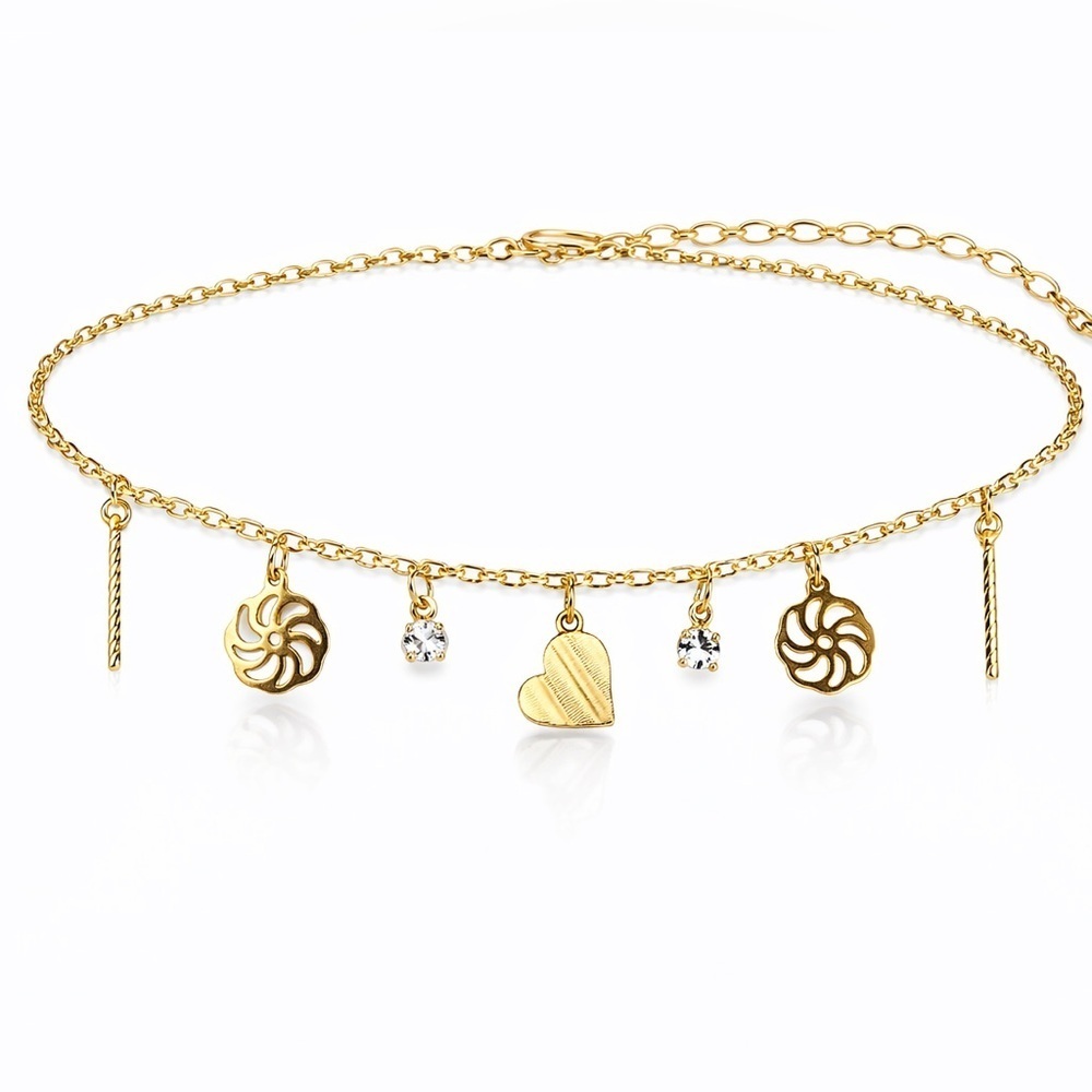 Gold Charm Anklet with Heart and Floral Accents
